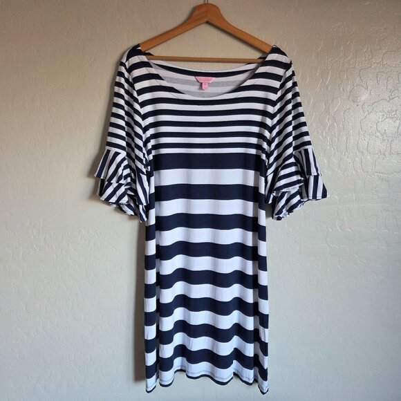 Lilly Pulitzer Lula Dress Striped Ruffle Bell Sleeve Navy XL Stretch Jersey Knit - Picture 1 of 9